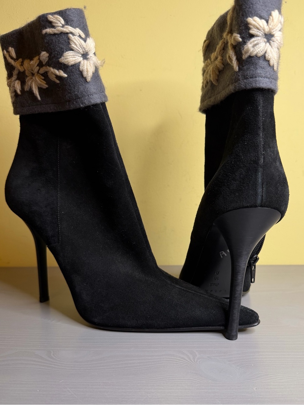 Casadei Black Suede Stiletto Booties with Grey Embroidered Cuff, size 10, NWOT